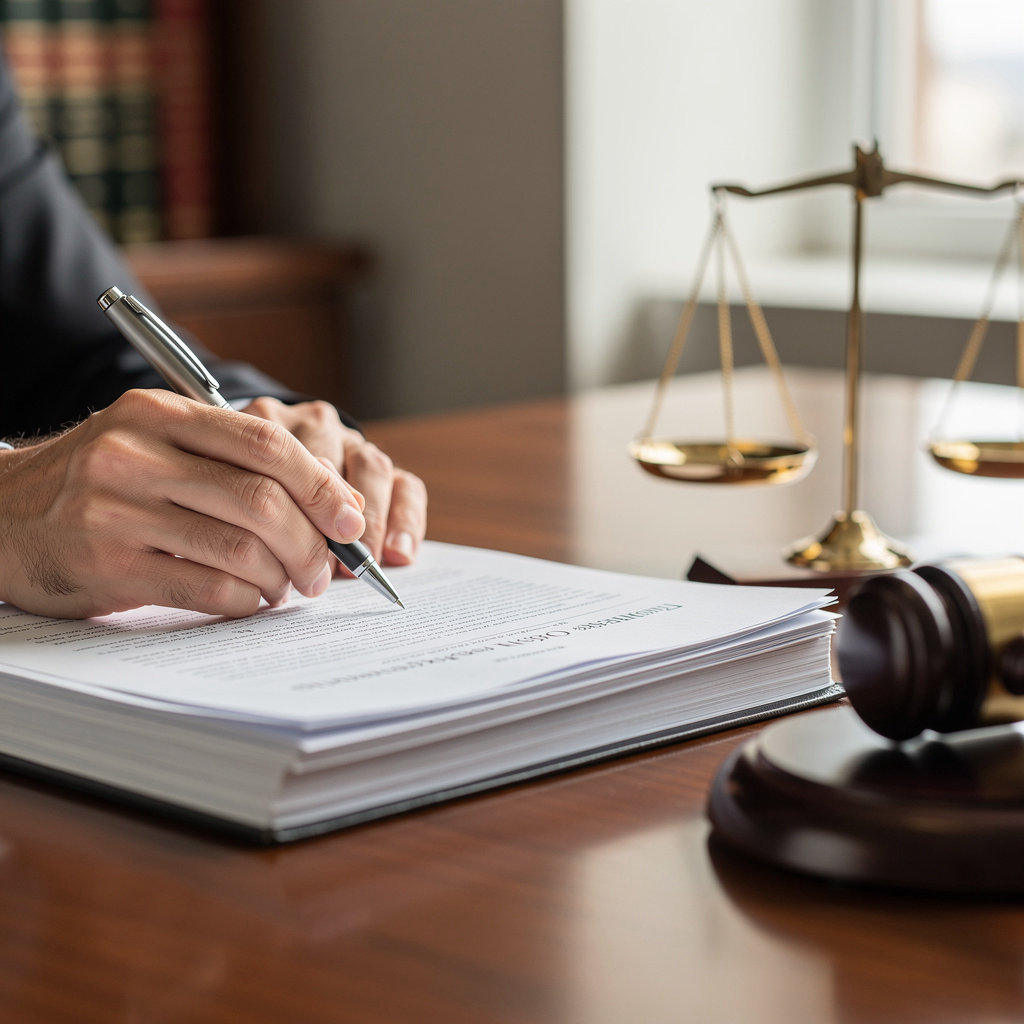 Law Office of Engel & Miller attorney reviewing legal documents in a professional San Diego law firm setting